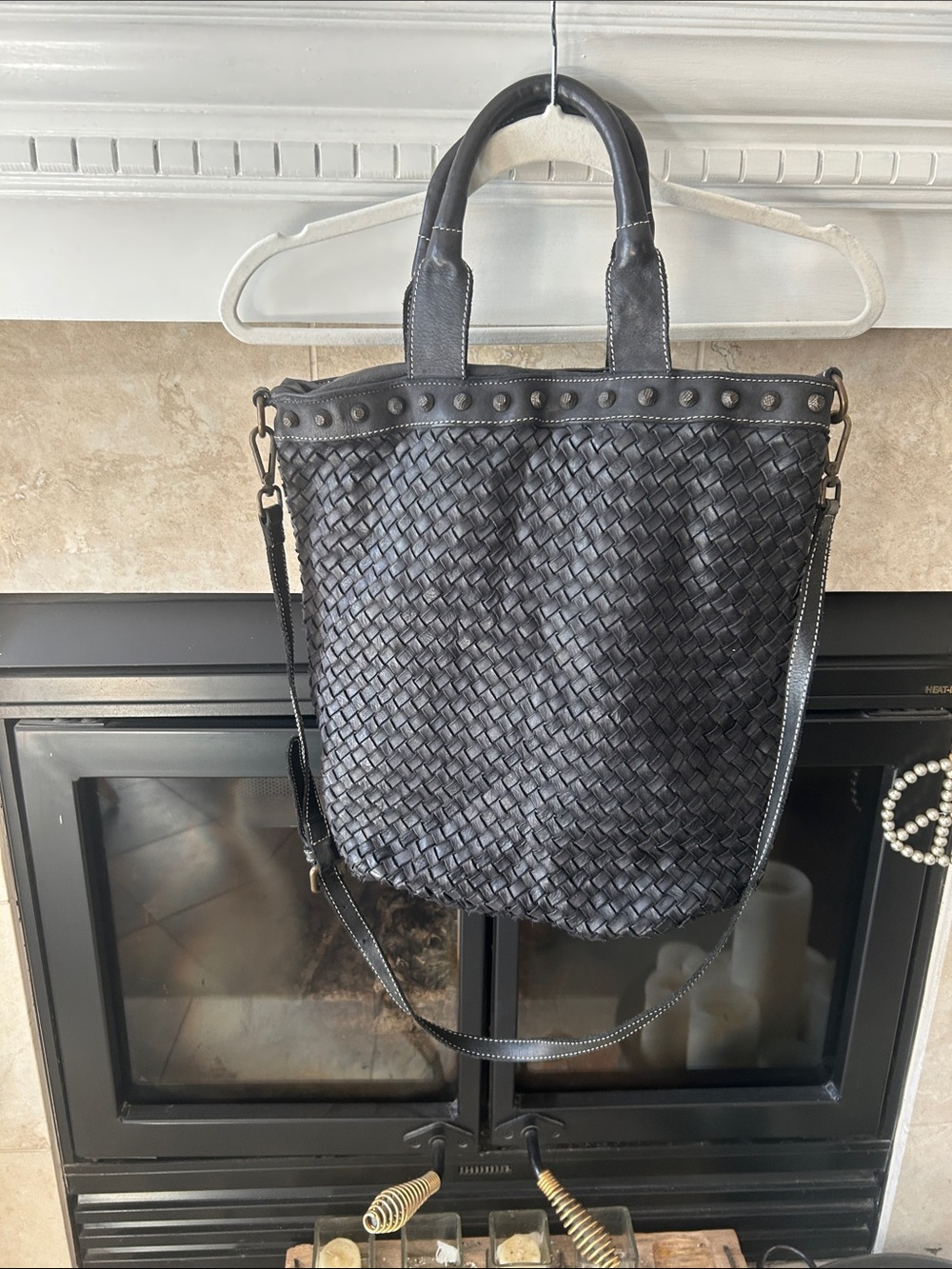 Black Woven Leather Tote with Stud-Trim and Adjustable Strap